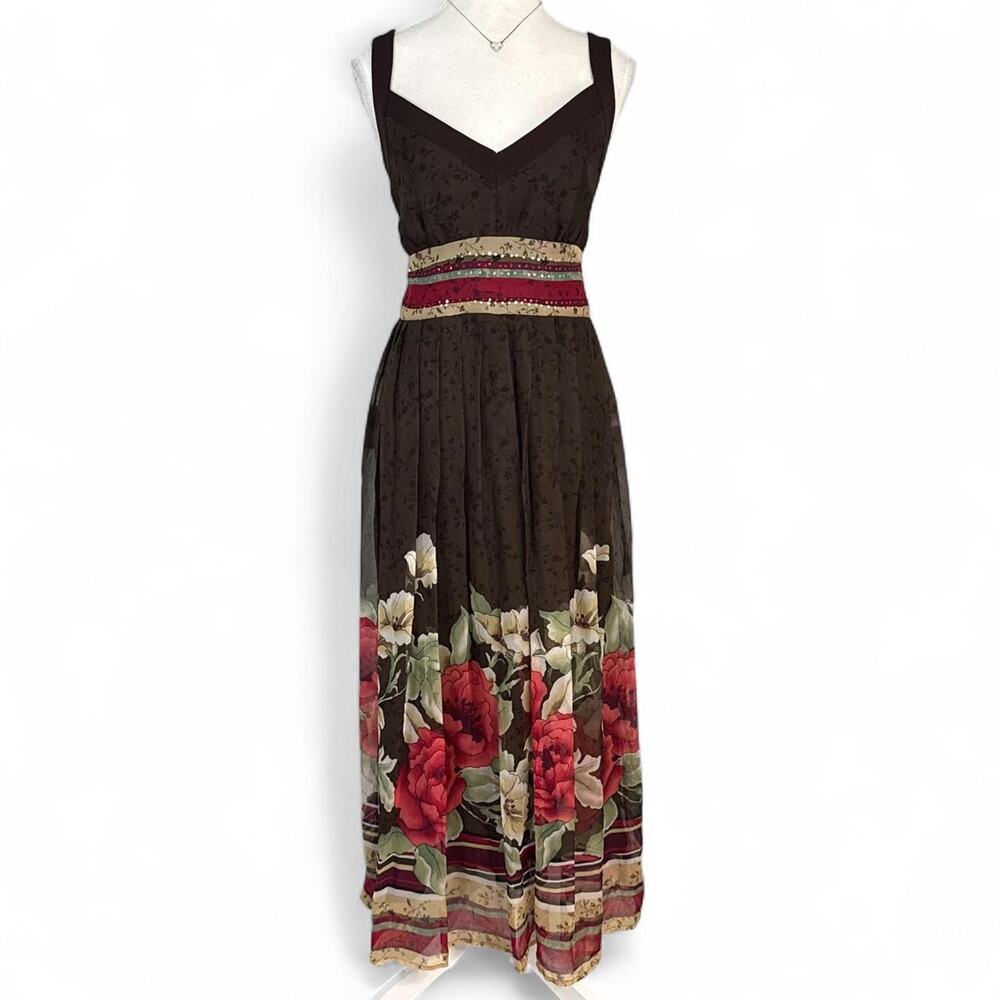 Brown floral maxi dress By Robbi Bee size large with red and beige floral print - Picture 1 of 7